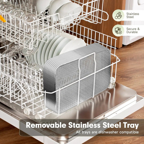 Hella Big 18 Tray Stainless Steel Food Dehydrator Machine With Smooth Touch Panel And 24 Hour Timer For Prepping Jerky Herbs Meats And Veggies With Zero Fuss At Home Or Shop, shown with removable stainless steel tray in dishwasher.