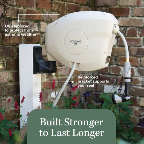 Beige 100 Foot Automatic Retractable Garden Hose Reel With One Half Inch UV Stabilized Kink Free Hose Wall Mounted Setup