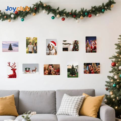 Dope 20 Pack 4x6 Inch Aluminum Sublimation Photo Blanks displayed on a wall with holiday-themed images and decor.