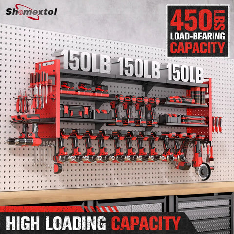 49.8 Inch Wall Mount Power Tool Organizer with four shelves and 18 cordless drill holders installed on a workshop wall