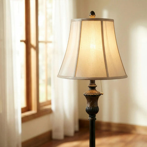 Sophia LED Floor Lamp Tall Mid Century Modern Style With Bell Shape Fabric Shade Bronze Finish for bedroom decor