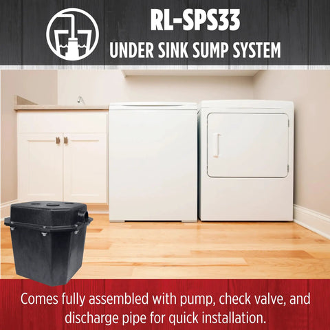 One Third HP 115 Volt Under Sink Sump Pump System With Six Gallon Basin Delivers About 3200 GPH next to laundry and dryer units.