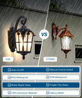 Comparison of Dusk To Dawn Outdoor Wall Light With Built In Sensor No Fuss Easy Install Auto On Off At Night Waterproof Exterior Lantern Black Roman Style 17.7 Inch Sconce alongside another light, showing features like IP65 waterproofing and aluminum material.