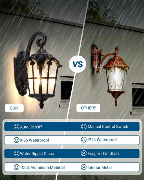 Comparison of Dusk To Dawn Outdoor Wall Light With Built In Sensor No Fuss Easy Install Auto On Off At Night Waterproof Exterior Lantern Black Roman Style 17.7 Inch Sconce alongside another light, showing features like IP65 waterproofing and aluminum material.