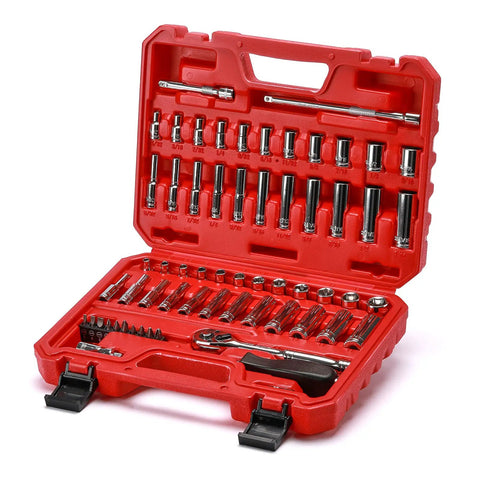 62 Piece One Quarter Inch Drive Master Socket Set with Ratchets CR V Steel SAE and Metric Sockets in red case