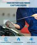 Heavy Duty Oil Absorbent Pads Suck Up Grease And Fuel Like A Champ, Tear Resistant Hydrophobic Mats in use, capturing liquid during vehicle maintenance.