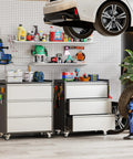 Heavy Duty Metal Rolling Tool Storage Cabinet With Drawers And Side Pegboards Left Handle Lockable Casters Garage Workshop Utility Cart On Wheels 18.11 In Deep 30.3 In Wide 35.4 In High Assembly Required in garage setting