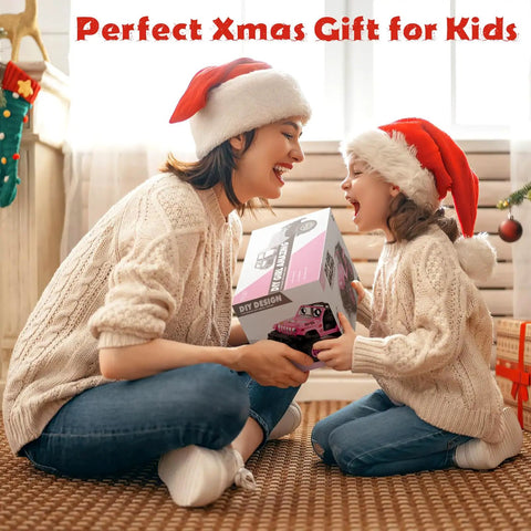 Mother and daughter smiling with Pink DIY Sticker RC Jeep For Girls With 2.4Ghz Remote Control Off Road Little Girl Toy Car gift box