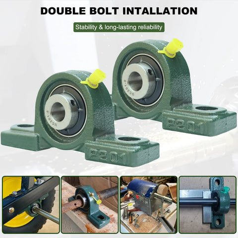 Front view of two green UCP201-8 pillow block bearings on cast-iron bases (1/2 in bore)