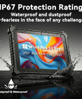 Heavy Duty 10.1 Inch Windows 11 Pro Rugged Tablet With IP67 Industrial Waterproof Housing and Mil Spec Drop Resistance with water splashes.