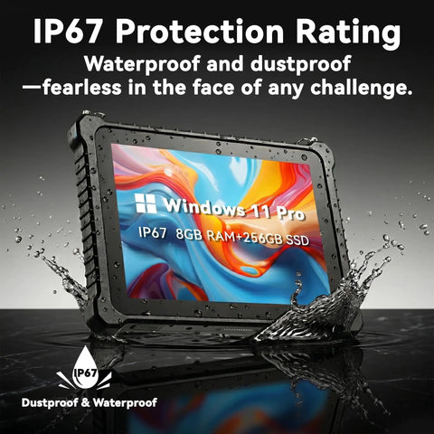 Heavy Duty 10.1 Inch Windows 11 Pro Rugged Tablet With IP67 Industrial Waterproof Housing and Mil Spec Drop Resistance with water splashes.