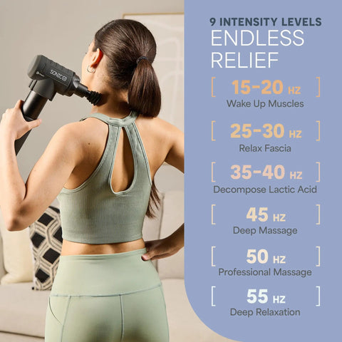 Woman using Sonic LX Heated Massage Gun For Deep Tissue Muscle Recovery In Beast Mode with chart of nine speed levels.