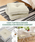 19x19 Inch Water Resistant Outdoor Chair Cushions Set Of 2, Tufted Square Beige With Tie Straps, displayed on chairs indoors