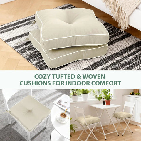 19x19 Inch Water Resistant Outdoor Chair Cushions Set Of 2, Tufted Square Beige With Tie Straps, displayed on chairs indoors
