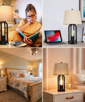 Two Light Bedside Table Lamps With Rotary Switch 3 Way Dimmable Bedroom And Living Room Lighting With USB Charging Ports Industrial Nightstand Lamps With Fabric Shade Bulbs Included set in various room settings.