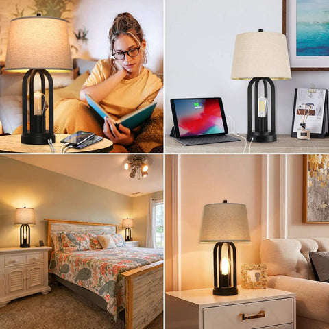 Two Light Bedside Table Lamps With Rotary Switch 3 Way Dimmable Bedroom And Living Room Lighting With USB Charging Ports Industrial Nightstand Lamps With Fabric Shade Bulbs Included set in various room settings.
