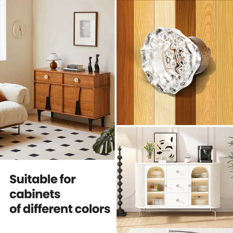 Crystal Cabinet Knobs 8 Pack Antique Brass Bronze Small Pulls For Dresser Closet Cupboard Wardrobe With Clear Crystals Retro Old Fashioned Handles Two Installation Methods Included shown in room settings and color swatches.