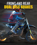 Teen riding Electric Dirt Bike for Kids 1000W 36V Youth Motocross with 3 Speed Modes, blue, featuring dual disc brakes, 16-inch wheels.