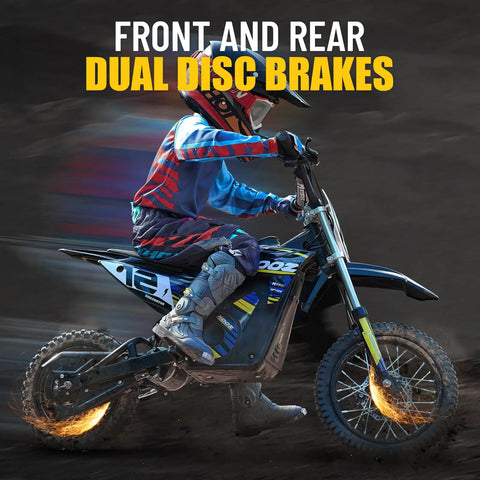 Teen riding Electric Dirt Bike for Kids 1000W 36V Youth Motocross with 3 Speed Modes, blue, featuring dual disc brakes, 16-inch wheels.
