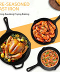 Cast Iron Skillet Set 6 Inch 8 Inch 10 Inch Pre Seasoned Ready To Use Nonstick Naturally Oil Coated with chicken, shrimp, pizza
