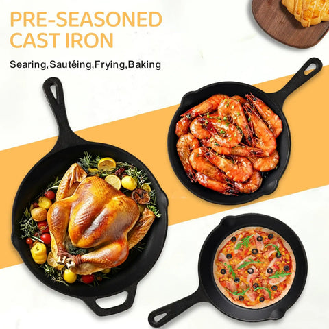 Cast Iron Skillet Set 6 Inch 8 Inch 10 Inch Pre Seasoned Ready To Use Nonstick Naturally Oil Coated with chicken, shrimp, pizza