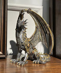 Dope Steampunk Dragon Statue Resin Sculpture With Gears And Metallic Finish For Home Decor And Man Cave Gothic Retro Look Collectible Dragon Figurine 12 Inch Tall on wooden shelf