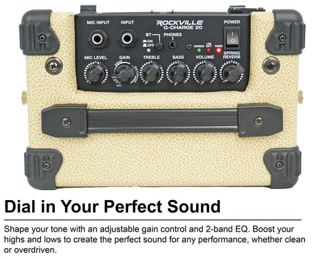 Front panel of the G-Charge 20 Battery Powered Guitar Amplifier with 6.5 Inch Speaker, featuring controls and inputs.
