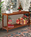 Solid Wood Outdoor Console Table With Two Tier Design For Patio Porch And Entryway Natural PU Lacquer Finish Weather Resistant decorated for winter holidays