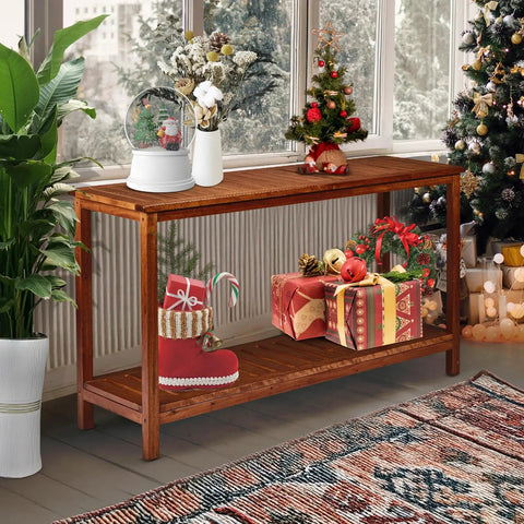 Solid Wood Outdoor Console Table With Two Tier Design For Patio Porch And Entryway Natural PU Lacquer Finish Weather Resistant decorated for winter holidays