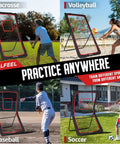 4x7Ft Backyard Lacrosse Rebounder With 5 Angles And Target Strip For Multi Sport Practice Built For Lacrosse Volleyball Baseball Softball Tennis And Soccer Great For Pro Level Drills And Real Game Like Rebounds showcasing different sports usage outdoors.