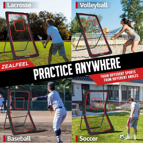 4x7Ft Backyard Lacrosse Rebounder With 5 Angles And Target Strip For Multi Sport Practice Built For Lacrosse Volleyball Baseball Softball Tennis And Soccer Great For Pro Level Drills And Real Game Like Rebounds showcasing different sports usage outdoors.