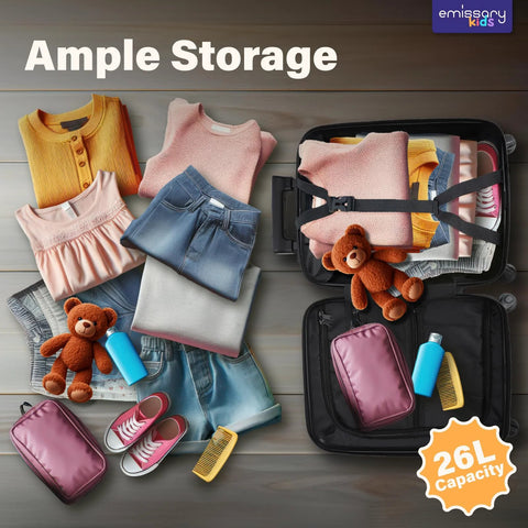 Kids luggage set: 16-inch hardside spinner suitcase; open case shows clothes, two teddy bears, and travel accessories.