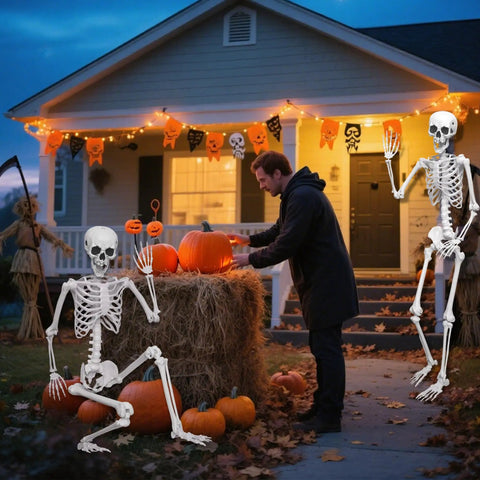 Epic Life Size Halloween Skeleton With Movable Joints, Realistic Gray Plastic Bones by pumpkins on porch at dusk