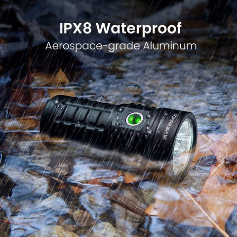 Beast Mode Bright 16000 Lumen Rechargeable Flashlight With 6 LED Power Anduril 2 UI in rainy outdoor setting
