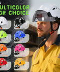 Person wearing OSHA Approved Vented White Hard Hat With Visor, ANSI Z89.1 Type I Safety Helmet Made Of ABS, reflecting on site.