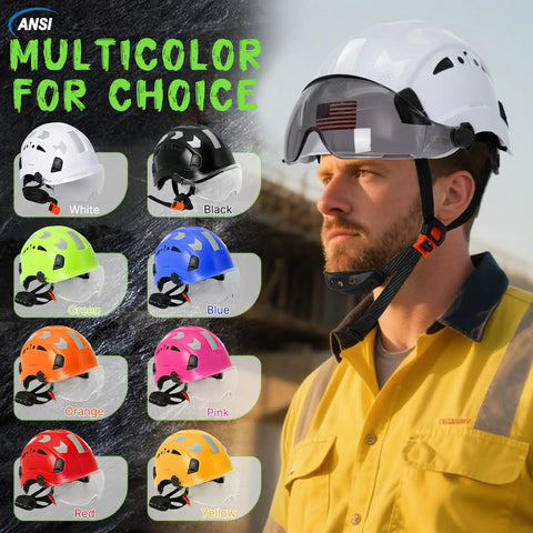 Person wearing OSHA Approved Vented White Hard Hat With Visor, ANSI Z89.1 Type I Safety Helmet Made Of ABS, reflecting on site.