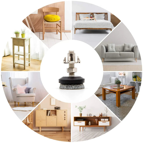 Ditch Shaky Legs For Good With Heavy Duty Adjustable Furniture Levelers Featuring High Density Felt Pads Threaded Shank And Secure T Nut Base For Rock Solid Room Stability 24 Pack with detailed view of leveler and furniture.