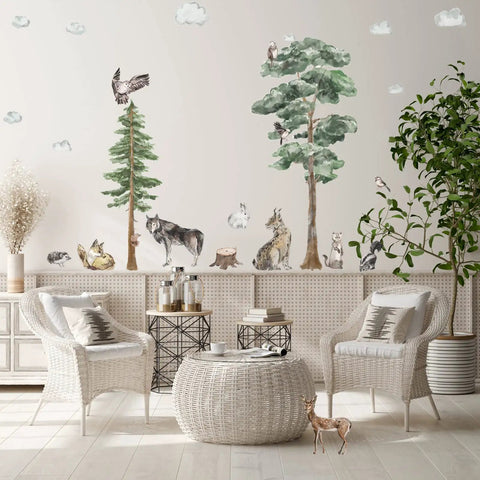 Gigantic 68 Inch Watercolor Pine Tree Woodland Forest Safari Animals Wall Decals Peel And Stick Deer Birds Owl Wolf Stickers
