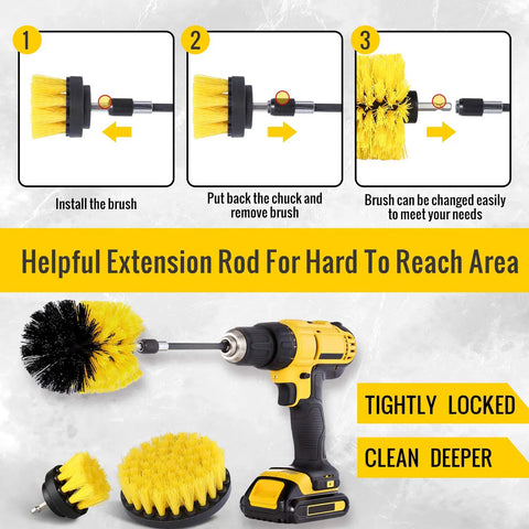 Power Scrub Drill Brush Attachment Set With Yellow Bristles Plastic Handle Three Size Brush Heads For Cleaning Bathtub Shower Floors Carpet Kitchen And More Deep Clean Like A Boss For Tough Grime And Everyday Messes showing installation and use steps.