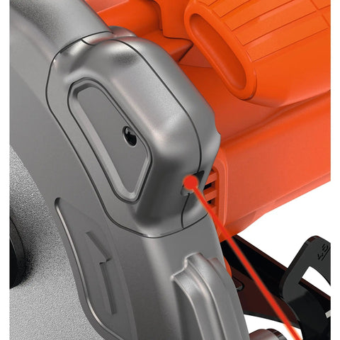 Close-up of Heavy Duty 1250 Watt Circular Saw Featuring Integrated Laser Guide for precise cuts.