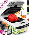 Must Have All In One Veggie Chopper With Spiralizer And Bowl Time Saving Food Chopper With Container Fruit Cutter And Onion Dicer 4 In 1 White Kitchen Gadget Great Gift Idea showing a red bell pepper being cut