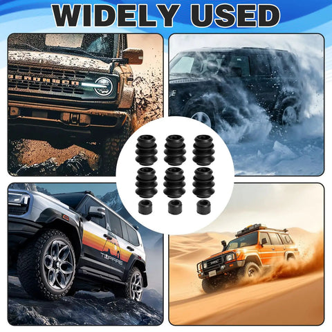 9 Piece Caliper Brake Slide Pin Kit with Rubber Bushings and Sealing Rings, shown with off-road vehicles in various conditions