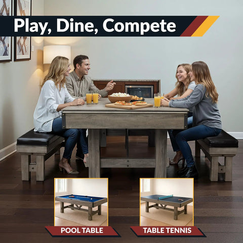 People enjoying a meal on a 7 Foot Pool Table Combo With Benches Table Tennis And Dining Tops Billiards Set Ping Pong Ready Built In Storage Complete Game Accessories Rustic Gray Barnwood Finish With Blue Felt For Family Fun And Game Night Ready, shown with dining top in a modern living space.
