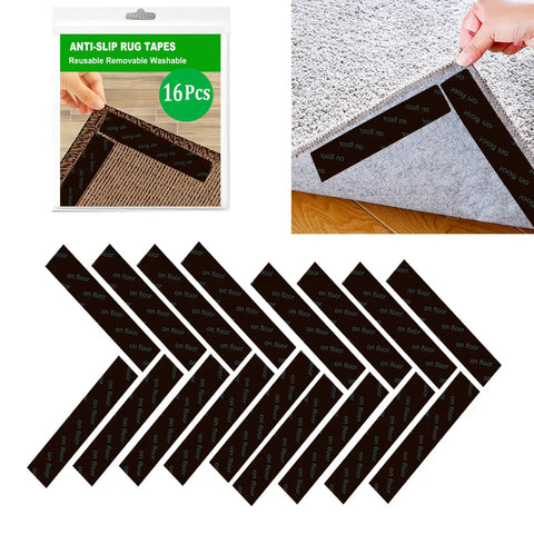 Sixteen Pack No Slip Rug Tape Grippers For Hardwood And Tile Floors Extra Large 6 X 1.6 Inch Rug Stoppers That Keep Rugs In Place Washable Reusable No Curl Black