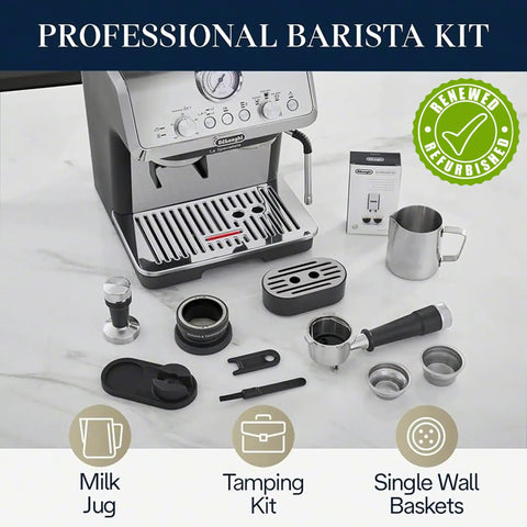 La Specialista Arte Espresso Machine Conical Burr Grinder Eight Grind Settings with milk jug, tamping kit, and baskets on counter.
