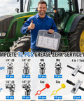 Complete Grease Fitting Replacement Kit With Zerk Tools And SAE And Metric Fittings for tractors in background