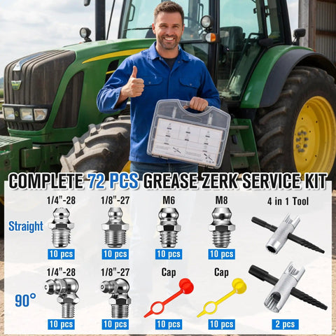 Complete Grease Fitting Replacement Kit With Zerk Tools And SAE And Metric Fittings for tractors in background