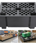 Heavy Duty Plastic Pallets 8 Piece Set With Ventilated Grid Design stacked and in use in warehouse and outdoor settings