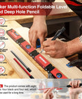 Legit Multi Function Foldable Level Plus Deep Hole Pencil Kit Hella Portable Measuring Ruler with sharp scribe gauge in use on wood.