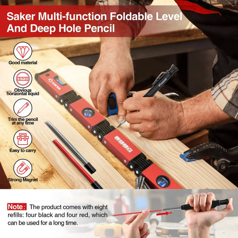 Legit Multi Function Foldable Level Plus Deep Hole Pencil Kit Hella Portable Measuring Ruler with sharp scribe gauge in use on wood.
